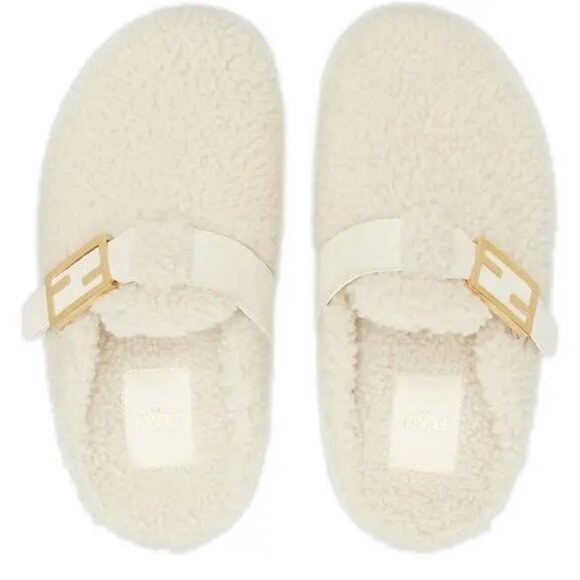 FENDI Feel FF Shearling  Buckled Sabots Mules Slides Flat Clog Sandals - Picture 3 of 16